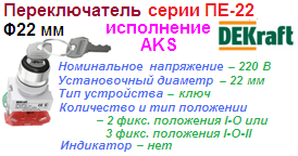 Переключатель ПЕ-22 на 2 фиксирующих положения I-O, с ключом 1з+1р (1НО+1НЗ) AKS-2 ?22 мм, ЧЕРНЫЙ 220В, DEKraft