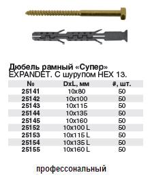 Дюбель рамный "СУПЕР" с шурупом НЕХ 13, 10 х 100, 50 шт. FIT