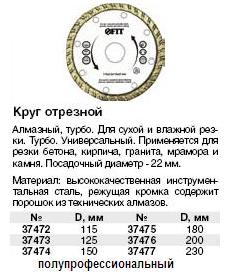 Круг отрезной алмазный "турбо" (сухая и влажная резка), посадочный диаметр 22 мм, 115 мм FIT