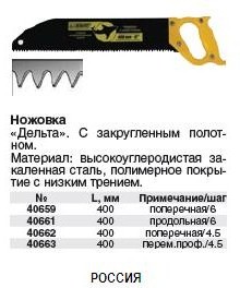 Ножовка по дереву "Дельта" c закруглен.полотном 400 мм, продольная, шаг 6 мм ― Централизованная система электронной  торговли ООО «ЛионСтрой»