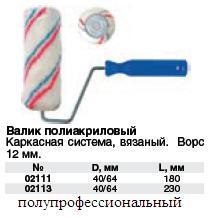 Валик полиакриловый, белый с красной и синей полосами, каркас.система, диам.40/64 мм, ворс 12 мм, длина 180 мм FIT