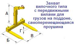 Захват с передвижными вилами для грузов на поддоне, самоперемещающаяся проушина, г/п 1 тонна, длина вилки 750 мм