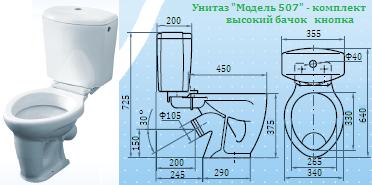 Унитаз №507 - комплект с высоким бачком кноп. (тарельчатый)