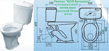 Унитаз козырьковый цельно-отлитая полка – комплект с высоким бачком шток.