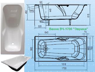 Ванна чугунная ВЧ-1700 "Эврика", 210л.